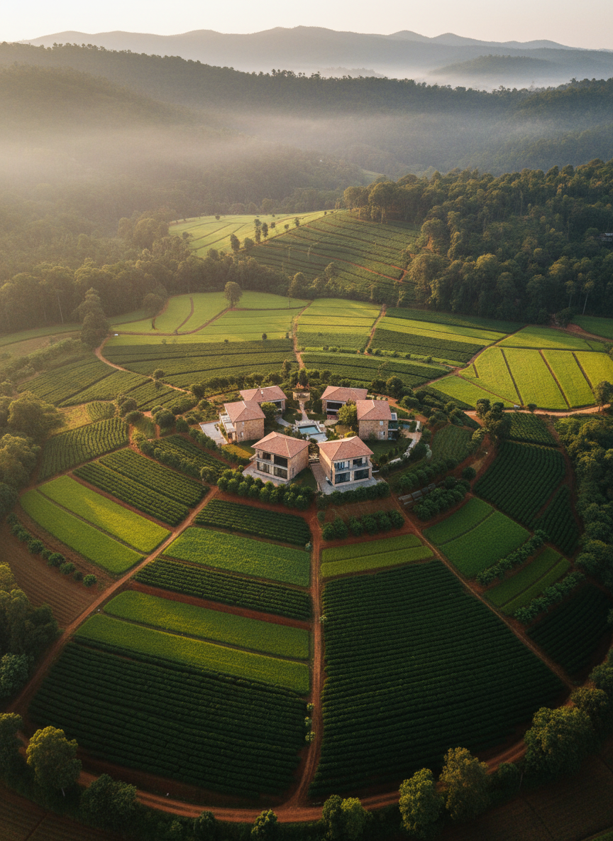 A sweeping aerial photographic view of a lush, meticulously planned managed farmland nestled in the rolling Malnad hills, with geometric plots of deep green coffee plants, bright paddy fields, and orderly fruit orchards separated by red-earth pathways. A central cluster of contemporary farm villas with clean lines, earthy stone facades, and sloping tiled roofs forms a subtle community hub. Soft late-afternoon natural light bathes the landscape in a warm, golden glow, accentuating textures of foliage and terrain. Gentle mist hangs over distant hills, adding depth and serenity. Shot from a high bird’s-eye perspective with sharp focus throughout, the composition balances cultivated land and untouched forest, conveying professional, sustainable community living with freedom in photographic realism.