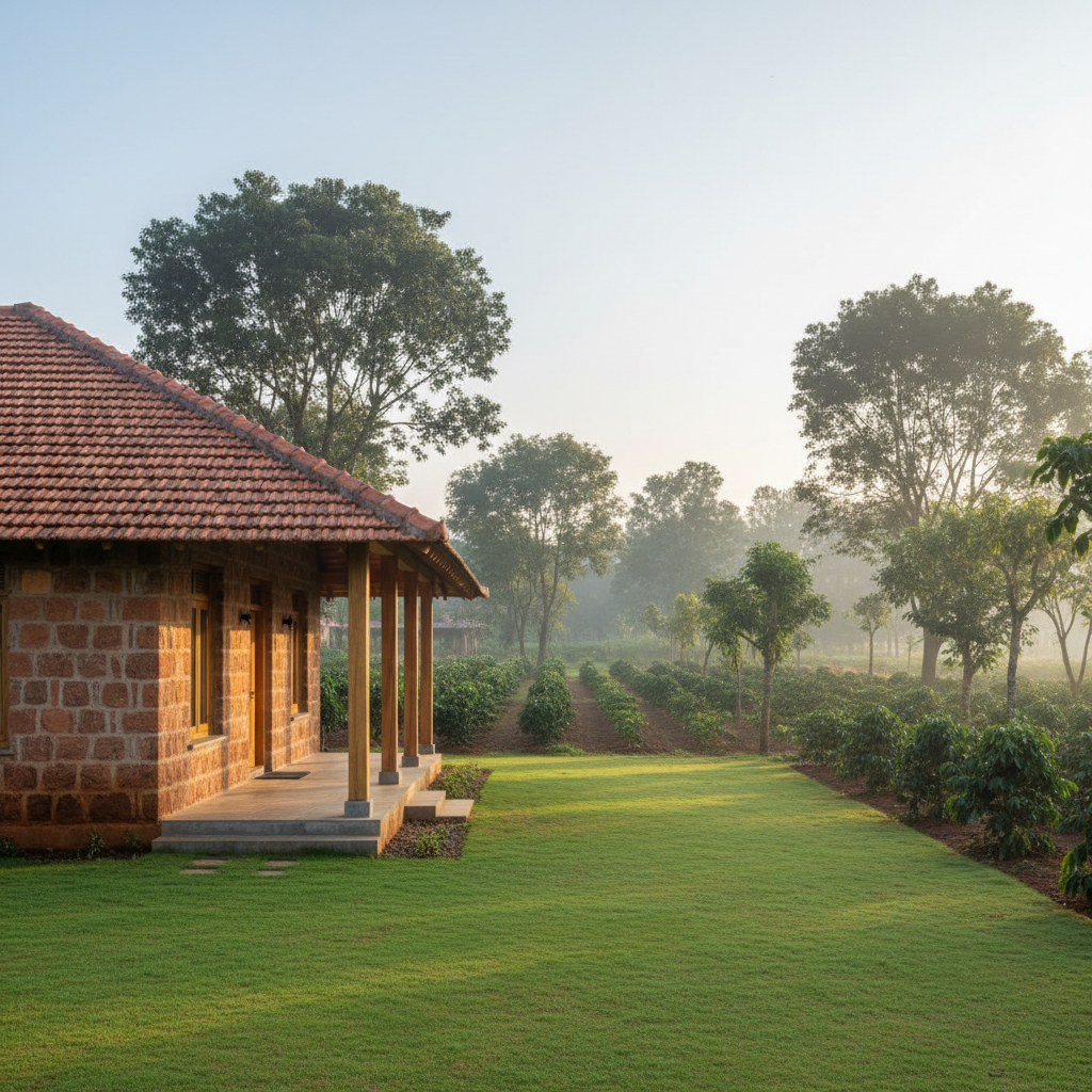 A modern, low-rise farmhouse villa designed for community living, constructed with exposed laterite stone, warm teakwood accents, and a sloping terracotta-tiled roof, set within a managed Malnad estate. The structure opens toward a manicured lawn that blends seamlessly into productive farmland with young saplings, coffee plants, and native shade trees. Soft, diffused morning light filters through thin mist, creating gentle highlights on the stone texture and subtle shadows under the eaves. The camera is positioned at eye level, using the rule of thirds to frame the villa on one side and farmland on the other, capturing a calm, professional, and aspirational atmosphere. Photographic realism, clean lines, and a balanced composition emphasize organized yet free community living within nature.