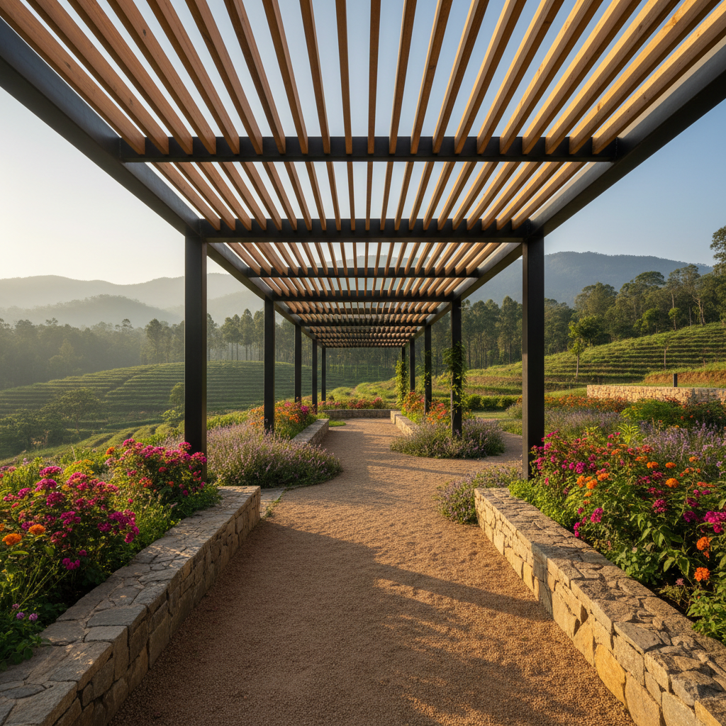 A serene community common space within a managed farm estate, featuring a long, minimalist pergola made of matte black steel and warm wood slats, overlooking terraced Malnad hills. Beneath the pergola, low stone seating and planter boxes overflowing with native flowering shrubs edge a gently curving gravel path that leads the eye toward layered hills and dense forest. Golden hour sunlight filters through the slats, casting rhythmic shadows on the ground and highlighting the natural textures of stone and foliage. Shot at a slightly low angle with a wide lens, the composition emphasizes openness and connection to the landscape while maintaining clean, modern lines. The atmosphere is calm, contemplative, and subtly luxurious, conveying professional, well-designed community living in photographic realism.