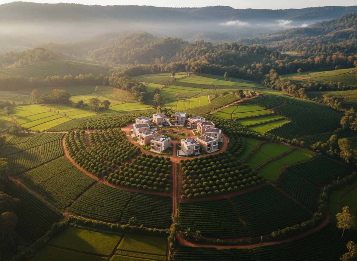 A sweeping aerial photographic view of a lush, meticulously planned managed farmland nestled in the rolling Malnad hills, with geometric plots of deep green coffee plants, bright paddy fields, and orderly fruit orchards separated by red-earth pathways. A central cluster of contemporary farm villas with clean lines, earthy stone facades, and sloping tiled roofs forms a subtle community hub. Soft late-afternoon natural light bathes the landscape in a warm, golden glow, accentuating textures of foliage and terrain. Gentle mist hangs over distant hills, adding depth and serenity. Shot from a high bird’s-eye perspective with sharp focus throughout, the composition balances cultivated land and untouched forest, conveying professional, sustainable community living with freedom in photographic realism.