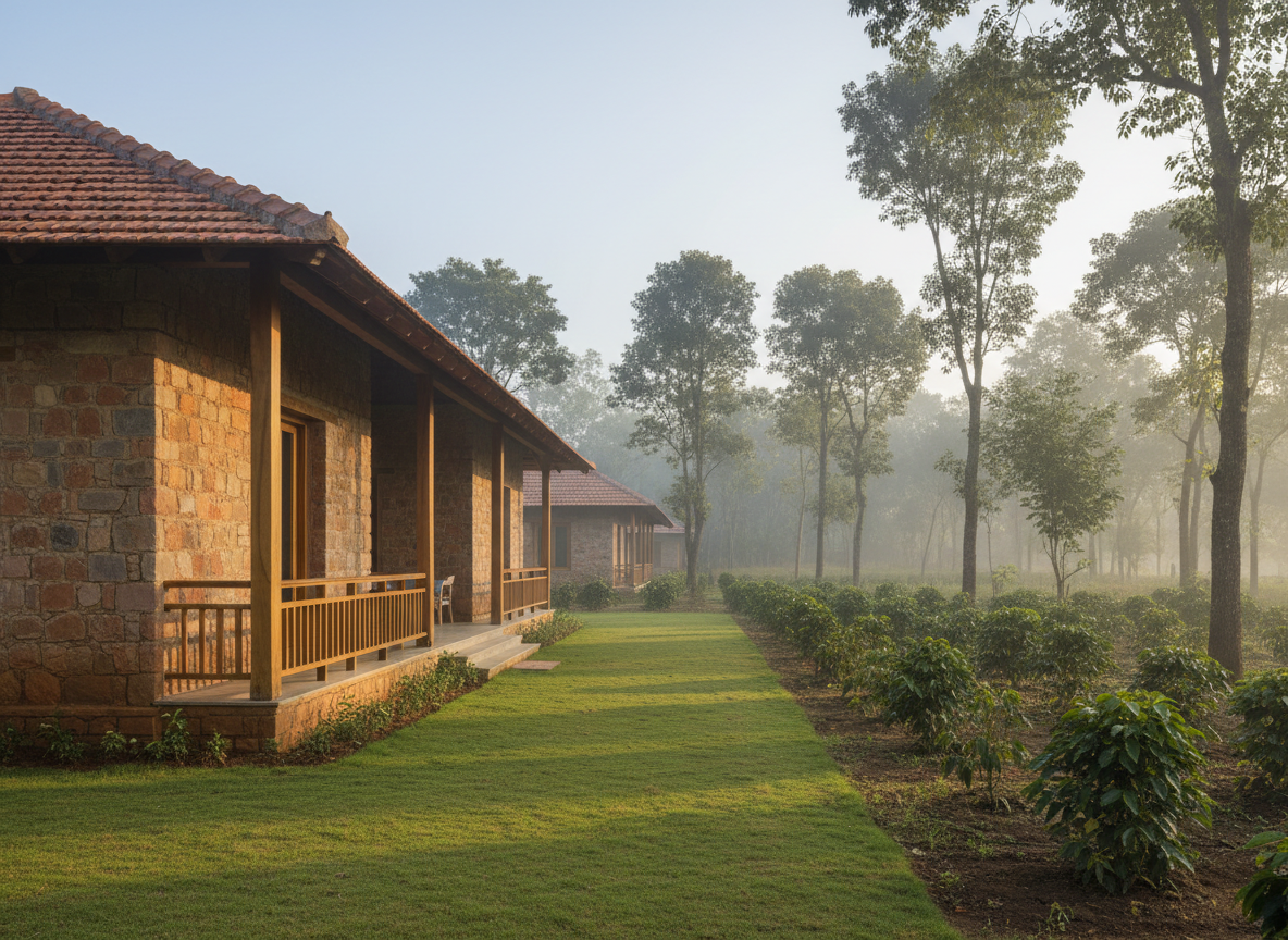 A modern, low-rise farmhouse villa designed for community living, constructed with exposed laterite stone, warm teakwood accents, and a sloping terracotta-tiled roof, set within a managed Malnad estate. The structure opens toward a manicured lawn that blends seamlessly into productive farmland with young saplings, coffee plants, and native shade trees. Soft, diffused morning light filters through thin mist, creating gentle highlights on the stone texture and subtle shadows under the eaves. The camera is positioned at eye level, using the rule of thirds to frame the villa on one side and farmland on the other, capturing a calm, professional, and aspirational atmosphere. Photographic realism, clean lines, and a balanced composition emphasize organized yet free community living within nature.