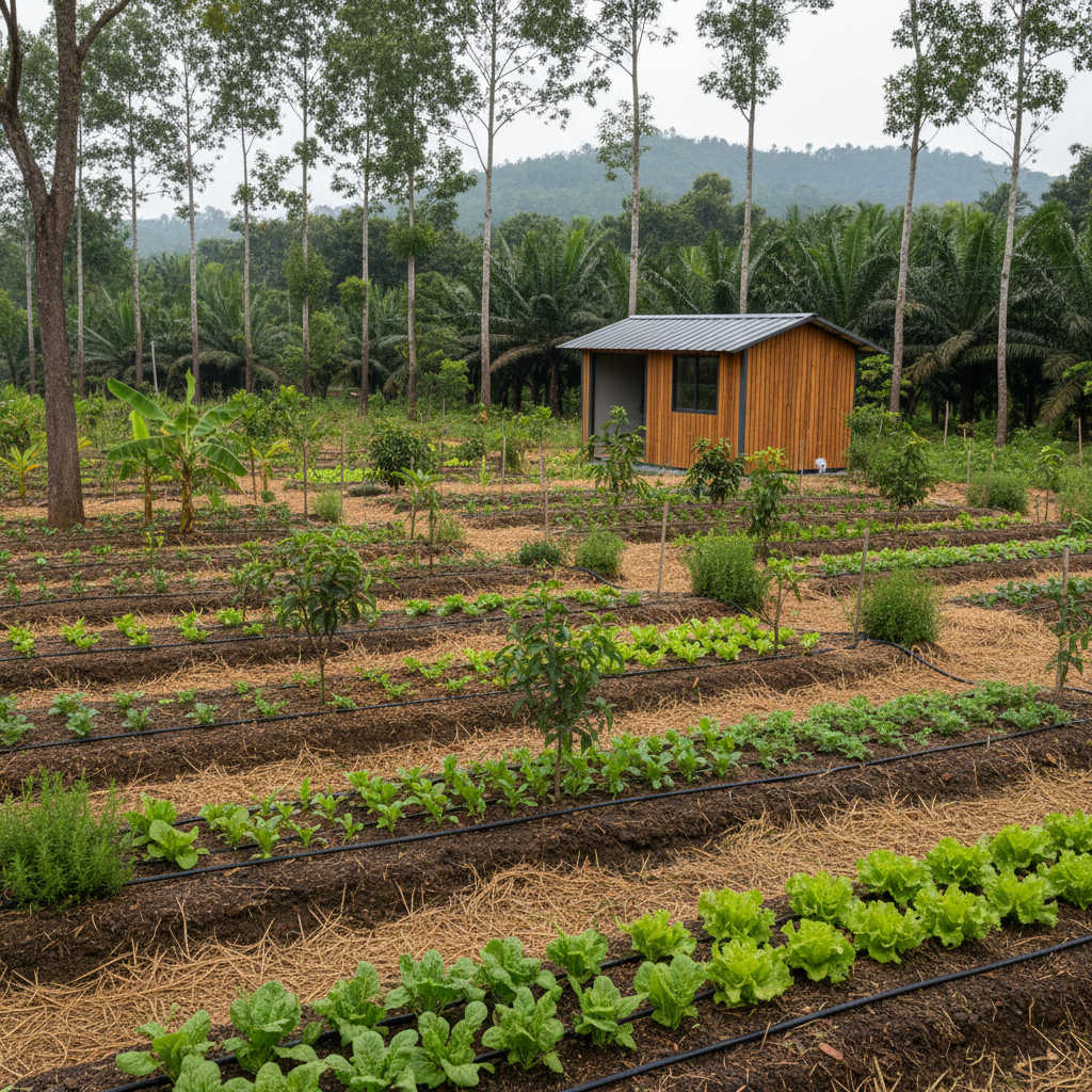 A meticulously organized managed farm plot in the Malnad region, featuring raised beds of dark, rich soil planted with neat rows of leafy vegetables, interspersed with young fruit trees and aromatic herbs. Irrigation lines run precisely between beds, and natural mulching covers the ground, showing careful stewardship. In the background, a compact, modern operations shed with a matte metal roof and timber cladding stands among tall silver oak and areca palms. Soft overcast daylight creates even, diffused lighting, emphasizing textures of soil, leaves, and bark without harsh shadows. Captured from a slightly elevated angle with moderate depth of field, foreground plants are crisp while the background softly recedes. The mood is efficient, serene, and professional, reflecting a well-managed, sustainable farm community in photographic realism.