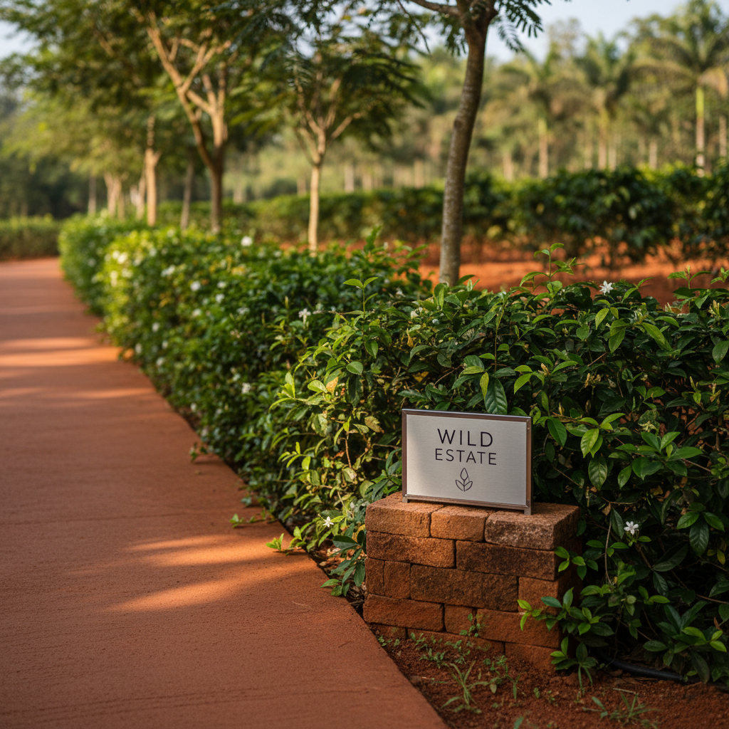 A detailed close-up of a Malnad managed farm boundary, where a living green fence of thick native shrubs and young trees forms a soft, organic edge alongside a clean, compacted red-earth pathway. A small, tastefully designed Wild Estate sign in brushed metal with minimalist typography is mounted on a low laterite stone plinth, partly shaded by overhanging leaves. Late-morning sunlight creates dappled patterns across the sign and stones, with crisp highlights on metal edges and rich shadows beneath foliage. Captured at eye level with shallow depth of field, the sign and immediate greenery are in sharp focus, while the path and distant cultivated fields blur gently into the background. The mood is quietly confident and professional, emphasizing thoughtful branding and stewardship within a natural, community-focused environment in photographic realism.