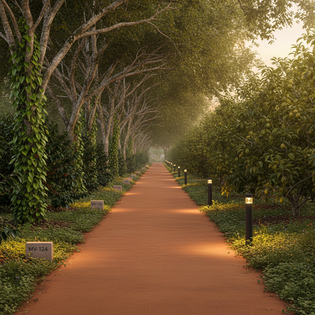 An inviting internal farm road within Malnad Vista, formed by a smooth compacted earth track edged with native groundcover, leading through diverse managed plantations of coffee, pepper vines climbing silver oak trees, and young fruit orchards. Subtle, low stone markers with engraved plot numbers line one side, while carefully placed solar-powered bollard lights line the other. Soft, warm evening light slants through the trees, casting long shadows across the path and creating a tunnel-like effect of green foliage overhead. The camera is positioned low and centered on the road, drawing the viewer’s eye into the distance with a strong sense of depth and perspective. The atmosphere is tranquil, orderly, and welcoming, capturing the essence of community living with freedom in a professionally managed estate, rendered in clean photographic realism.